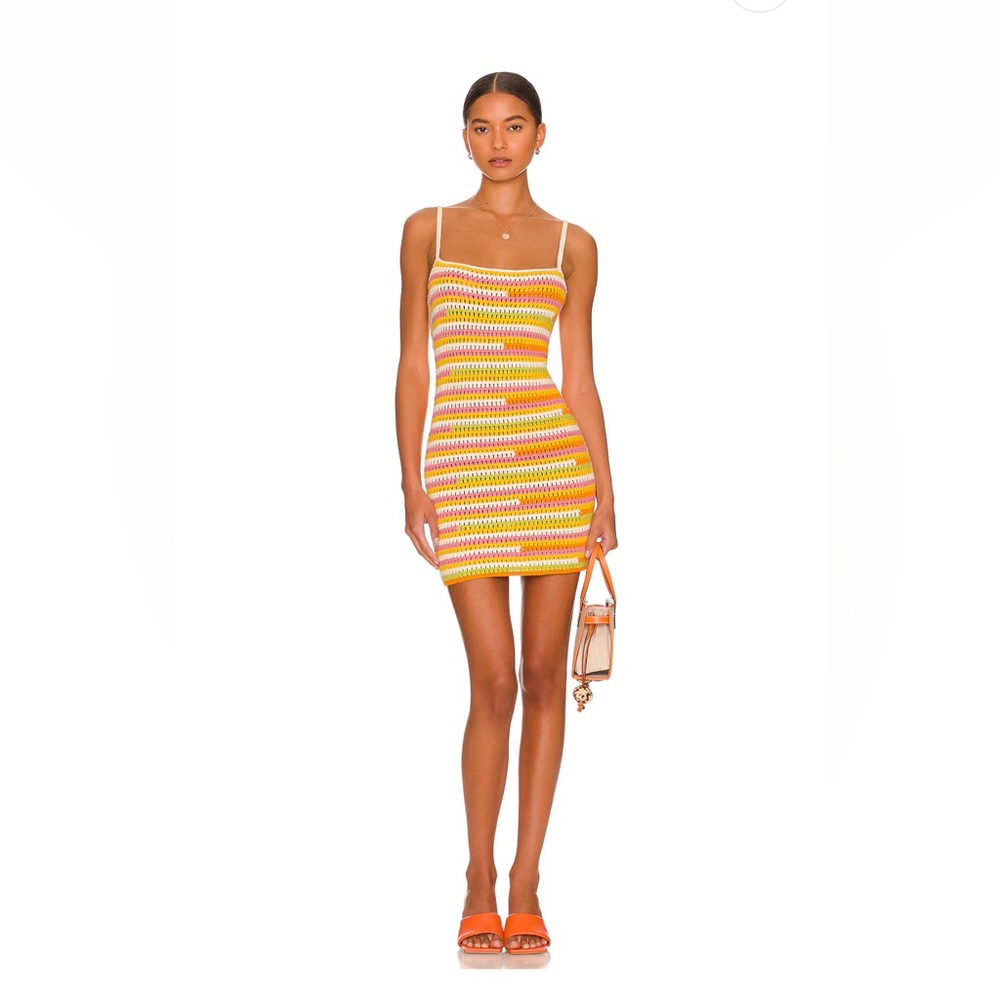 Camila Coelho Striped Crochet Mini Dress in Yellow, Pink, White